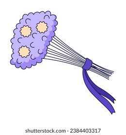 Ribbon bouquet fresh flowers 2D linear cartoon object. Sympathy floral arrangement isolated line vector element white background. Lavender bunch. Composition spring color flat spot illustration