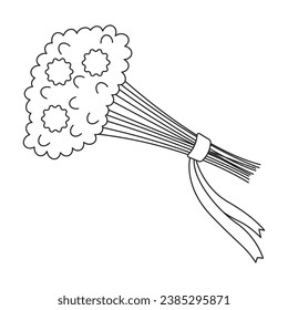 Ribbon bouquet fresh flowers black and white 2D line cartoon object. Sympathy floral arrangement isolated vector outline item. Lavender bunch. Composition spring monochromatic flat spot illustration