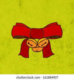 Ribbon Bow with Bells. Cute Hand Drawn Vector illustration, Vintage Paper Texture Background