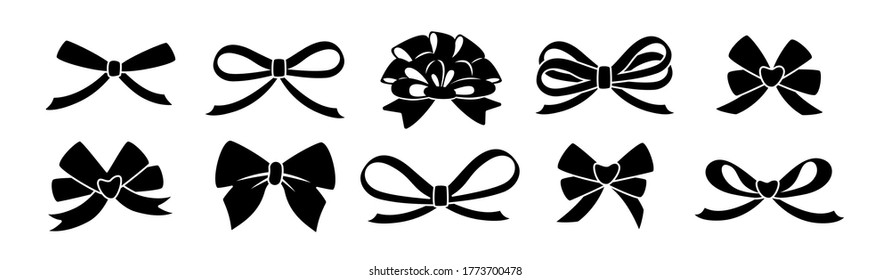 Ribbon bow black glyph set. Valentine day or wedding decorated tape bows. Cartoon silhouette elements for present, celebration and congratulation. Isolated on white background vector illustration