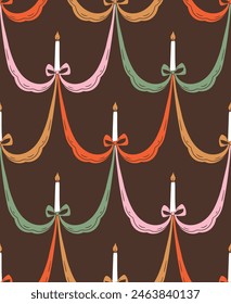 Ribbon, bow and candle seamless pattern on dark background. Vector decorative wrap paper design. Festive endless print for bithday or Christmas. Vecor bow seamless pattern.