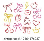 Ribbon bow, cherry, heart shape, kissing lips, flame, strawberry, queen crown. Whimsy coquette hand drawn contour stickers look like crayon drawing. Trendy textured distressed line girly fashion print