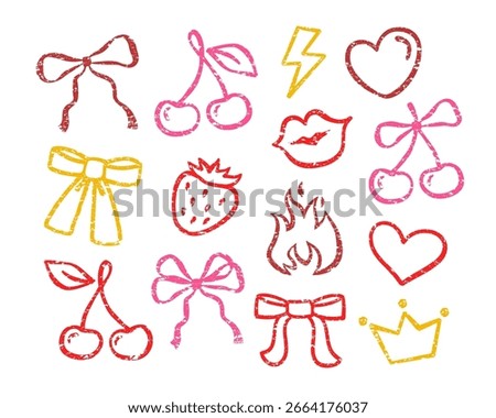 Ribbon bow, cherry, heart shape, kissing lips, flame, strawberry, queen crown. Whimsy coquette hand drawn contour stickers look like crayon drawing. Trendy textured distressed line girly fashion print