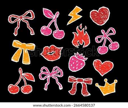 Ribbon bow, cherry, heart shape, kissing lips, flame, strawberry, queen crown. Whimsy coquette hand drawn cut out grunge elements with crayon or chalk texture. Vintage distressed girly fashion prints