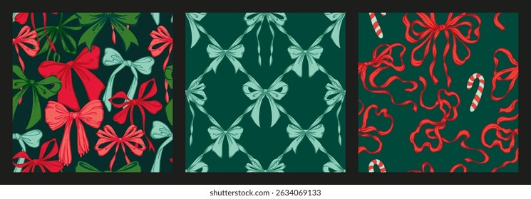 Conjunto de patrones sin costuras de Navidades de lazo de cinta. Fondos de celosía femeninos dibujados a mano rojos y verdes con guirnalda festiva de arcos. Fondos de Antiguas para envolver papel, textiles, diseños de temporada