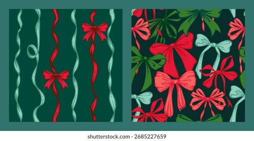 Ribbon Bow Christmas Seamless Pattern Set. Red and green Hand-Drawn Feminine Backgrounds with Festive ribbons and bows. Coquette Vintage backdrops for wrapping paper, textile, seasonal designs