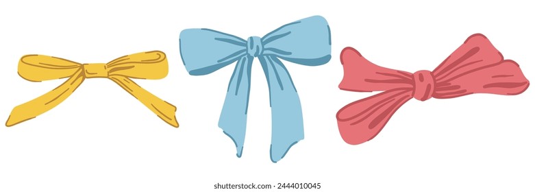 Ribbon bow collection. Cute hand drawing elements. Coquette aesthetic bows set. Cartoon drawn colorful vector illustration isolated on white