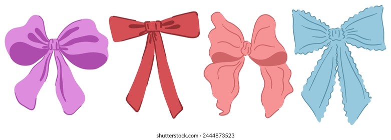 Ribbon bow collection. Cute hand drawing elements. Coquette aesthetic bows set. Cartoon drawn colorful vector illustration isolated on white
