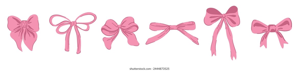 Ribbon bow collection. Cute hand drawing elements. Coquette aesthetic bows set. Cartoon drawn colorful vector illustration isolated on white