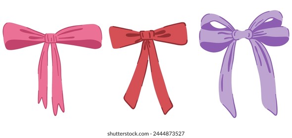 Ribbon bow collection. Cute hand drawing elements. Coquette aesthetic bows set. Cartoon drawn colorful vector illustration isolated on white