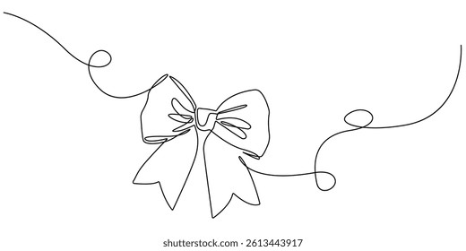 Ribbon Bow Continuous One Line Vector Illustration in Minimalist Style. Cute Bow Black Sketch Isolated on White Background. Ribbon Silhouette Vector Minimalistic Illustration. Not AI