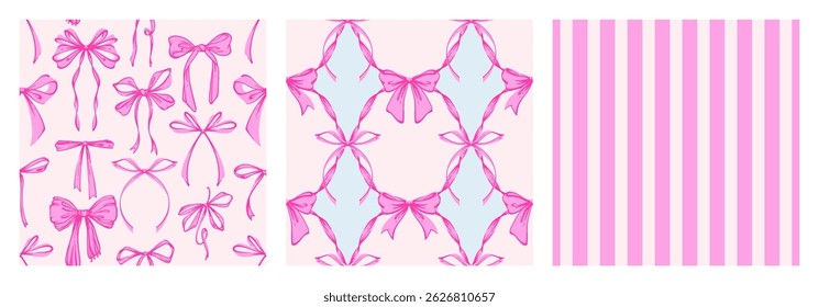 Ribbon Bow Coquette Seamless Pattern Set. Hand-Drawn Feminine Pink Backgrounds with Soft Stripes and garland of bows. Romantic Design. Perfect for a Lovely and Whimsical Valentine’s Day Backdrop