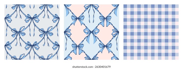 Ribbon Bow Coquette Seamless Pattern Set. Blue Hand-Drawn Feminine Checkered Pattern  Backgrounds with garland of bows. Romantic Design. Perfect for a Lovely and Whimsical Valentines Day Backdrop