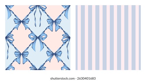 Ribbon Bow Coquette Seamless Pattern Set. Blue Hand-Drawn Feminine Lattice Backgrounds with Soft Stripes and garland of bows. Romantic Design. Perfect for Lovely and Whimsical Valentines Day Backdrop