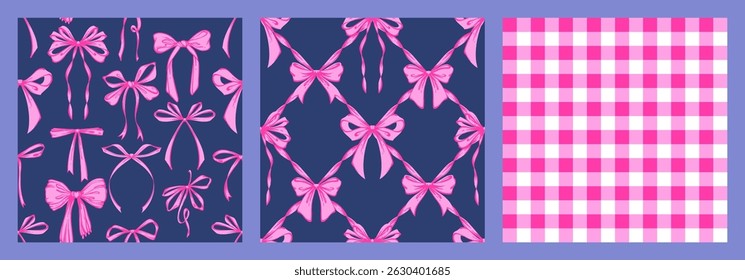 Ribbon Bow Coquette Seamless Pattern Set. Purple Hand-Drawn Feminine Lattice Checkered Pattern Backgrounds with garland of bows. Romantic Design. Perfect for Lovely, Whimsical Valentines Day Backdrop