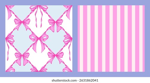 Ribbon Bow Coquette Seamless Pattern Set. Hand-Drawn Feminine Pink and Blue Backgrounds with Soft Stripes and garland of bows. Romantic Design. Perfect for Lovely and Whimsical Valentines Day Backdrop
