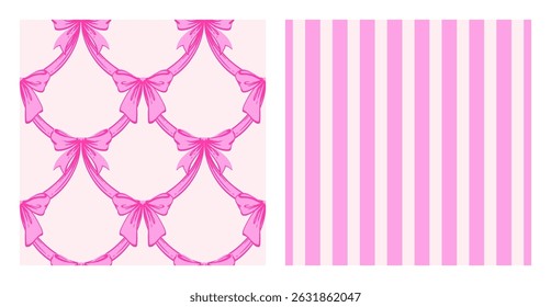 Ribbon Bow Coquette Seamless Pattern Set. Hand-Drawn Feminine Pink Backgrounds with Soft Stripes and garland of bows. Romantic Design. Perfect for a Lovely and Whimsical Valentine’s Day Backdrop