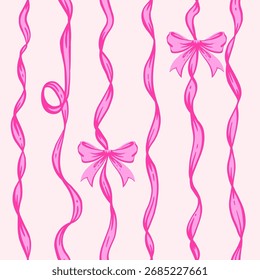 Patrón sin costuras de la coqueta del lazo de la cinta. Fondos rosados femeninos dibujados a mano con caprichosas cintas y lazos festivos. Diseño romántico. Perfecto para un hermoso fondo de día de San Valentín