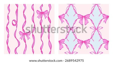Ribbon Bow Coquette Seamless Pattern Set. Hand-Drawn Feminine Pink Backgrounds with Whimsical  Festive ribbons and bows. Romantic Design. Perfect for a Lovely and Valentines Day Backdrop