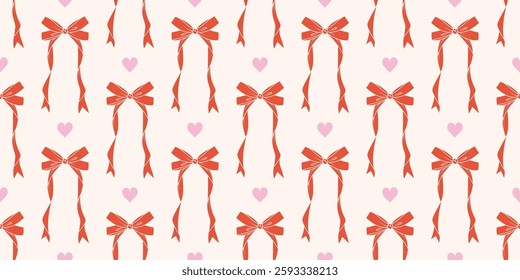 Ribbon bow cute pattern. Vintage vector seamless background with hear ties and pink hearts for holiday and party decoration. Girly satin accessories on white backdrop.