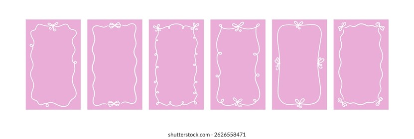 Marco de doodle de arco de cinta. Borde de arco vintage dibujado a mano. Invitación de boda Doodle line. Lindo marco de rectángulo dibujado a mano. Tarjeta de San Valentín rosa decorativa. Ilustración vectorial aislada sobre fondo blanco.