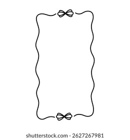 Ribbon bow doodle frame. Hand drawn vintage bow border. Doodle line wedding invite. Cute hand drawn rectangle frame. Decorative valentine card. Vector illustration isolated on white background.