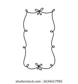 Ribbon bow doodle frame. Hand drawn vintage bow border. Doodle line wedding invite. Cute hand drawn rectangle frame. Decorative valentine card. Vector illustration isolated on white background.