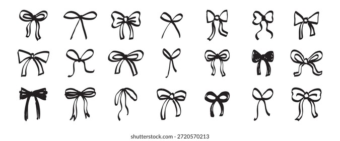 Conjunto de iconos dibujados a mano de Doodle de arco de cinta. colección de símbolo de elemento de arco texturizado de grunge. Ilustración vectorial