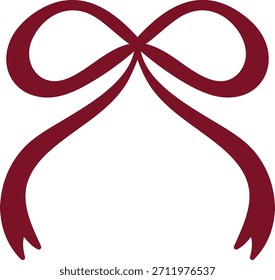 Ribbon bow drawn as a clean line loop with tapered tails, flat graphic style. Gift knot outline rendered with smooth curves and negative space clarity. Cartoon vector illustration