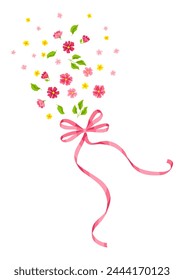 Ribbon with bow and flowers. Beautiful decorative natural plants and leaves.