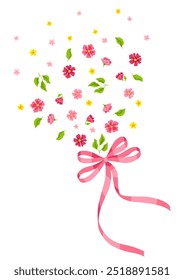 Ribbon with bow and flowers. Beautiful decorative natural plants and leaves.