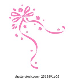 Ribbon with bow and flowers. Beautiful decorative natural plants and leaves.