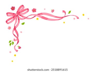 Ribbon with bow and flowers. Beautiful decorative natural plants and leaves.