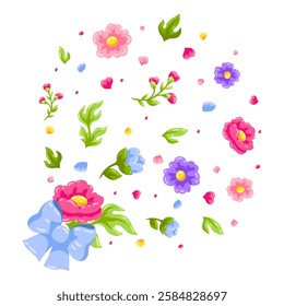 Ribbon with bow and flowers. Beautiful decorative natural plants and leaves.