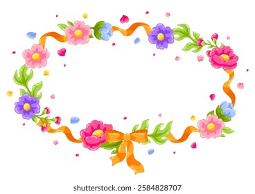 Ribbon with bow and flowers. Beautiful decorative natural plants and leaves.