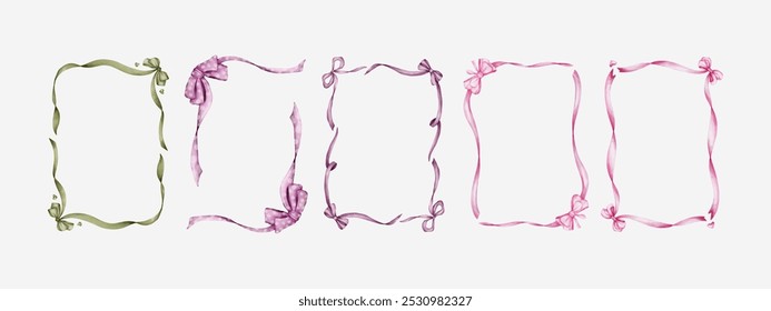 Ribbon Bow frame border set watercolor art style for christmas or valentine banner, invitation, cards.
