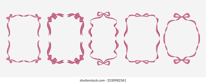 Ribbon Bow frame border set hand drawn illustration for christmas or valentine banner, invitation, cards.