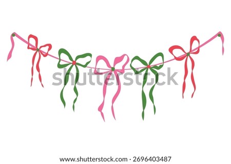 Ribbon bow garland vector illustration. Colorful pink, red, green bows on string isolated on white background. Modern festive hanging wall decoration for Christmas, holidays, party, Birthday