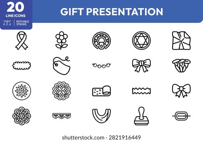 Ribbon, bow, gift box, ribbon spool, decorative star, flower, scissors, tape, gift tag, and and gift basket for gift presentation and holiday designs.