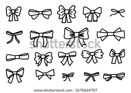 Ribbon bow gift decoration set, simple holiday outline doodle vector illustration of decorative bows for wrapping, birthday, Christmas and New Year design isolated on white background