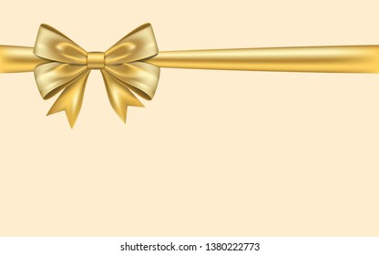 Ribbon bow for gift, isolated beige background. Satin design festive frame. Decorative Christmas, Valentine day card, present holiday decoration. Birthday shiny silk ribbon bow Vector illustration