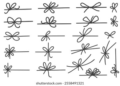 Ribbon bow for gift and present box. Simple hand drawn string with knot. Outline thin rope for package design. Minimal sketch vector elements for decoration on white background