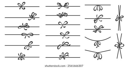 Ribbon bow for gift and present box. Simple hand drawn string with knot. Outline thin rope for package design. Minimal sketch vector elements for decoration on white background