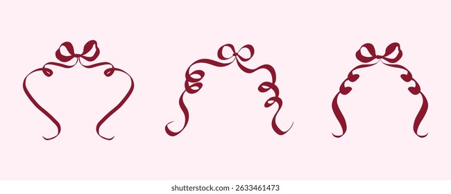 Ribbon Bow in hand drawn coquette style. Retro whimsical symbols for bachelorette and girls birthday party. Trendy and cute elements for Wedding invitations and menu. Doodle vector illustration