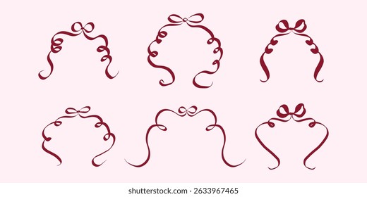 Ribbon Bow in hand drawn coquette style. Retro whimsical symbols for bachelorette and girls birthday party. Trendy and cute elements for Wedding invitations and menu. silhouette vector illustration