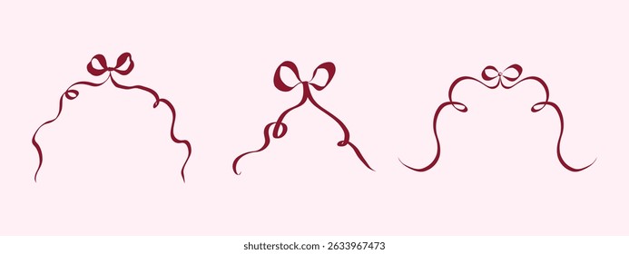 Ribbon Bow in hand drawn coquette style. Retro whimsical symbols for bachelorette and girls birthday party. Trendy and cute elements for Wedding invitations and menu. Doodle vector illustration