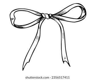 Cinta con cebo. Ilustración vectorial dibujada a mano del nudo satinado o seda sobre fondo aislado blanco para regalo o presente en el estilo de arte de línea. Dibujo de cinta textil ornamentada pintada con tintas negras.