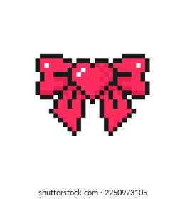 Ribbon bow with heart icon in pixel art style. Love symbol for Valentine's Day. Isolated on white background vector sign