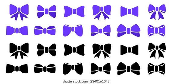 Ribbon bow icon collection. Set of black and purple celebration bow icons. Vector bow for present, celebration, gift