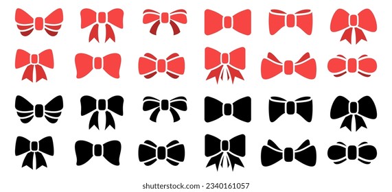Ribbon bow icon collection. Set of black and red celebration bow icons. Vector bow for present, celebration, gift